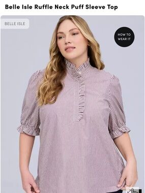 torrid Pink and White Striped Ruffle Neck Puff Sleeve Blouse